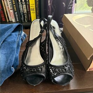Bakers Black Beaded Peep-Toe Slingback Heels